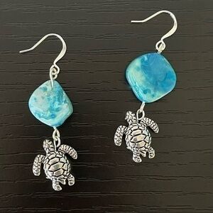 2/$29 Handmade Blue Iridescent Shell Metal Turtle Drop Earring 2.25” Ocean Beach